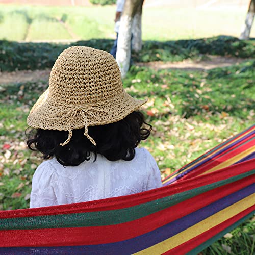 Kids Summer Straw Hat Handmade Bowknot Beach Sun Protection Hats for Girls Khaki4