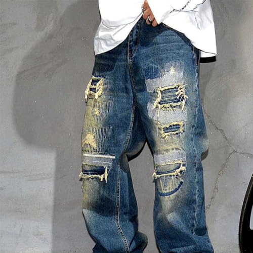 Men’S Streetwear Straight Baggy Denim Cargo Pants Midweight Distressed Fashion Trousers Full Length Jeans4