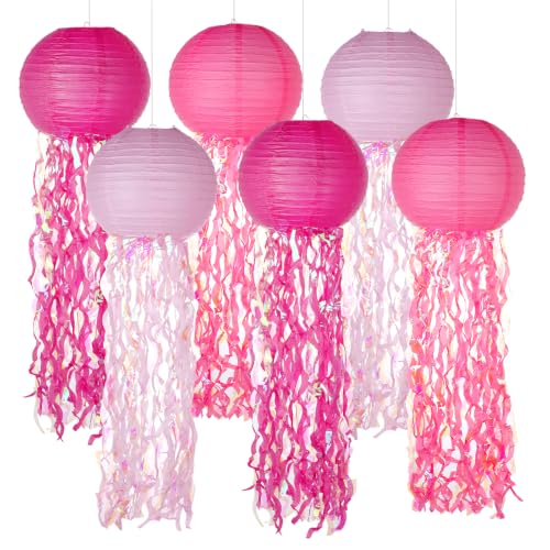 Image of Set of 6 Hanging Jellyfish Paper Lanterns Blue Jellyfish Decor for The Sea Ocean Party, Mermaid Birthday Decoration, Baby Shower, Nautical Events(Glitter Pink)