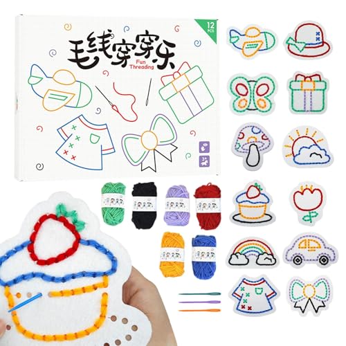 Derwrtup Kit de costura para niños, tarjetas de cordones para niños | Kit de costura de cordones hecho a mano | Juegos de bordado, patrones no tejidos, actividad de aprendizaje, juego de habilidades