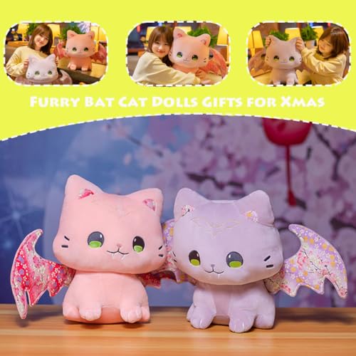 Image of Crazy Bat Cat Plush Soft Pillow, Cute Bat Kitten Stuffed Animal Cushion Furry Purple Bat Kitty Plushies Gifts /11.8''