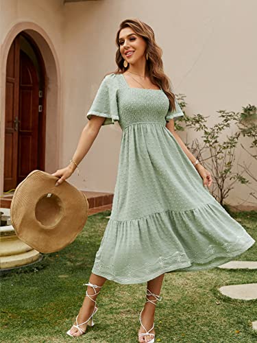 Glamaker Women's Short Sleeve Smocked Square Neck A Line Summer Flowy Maxi Long Dress2