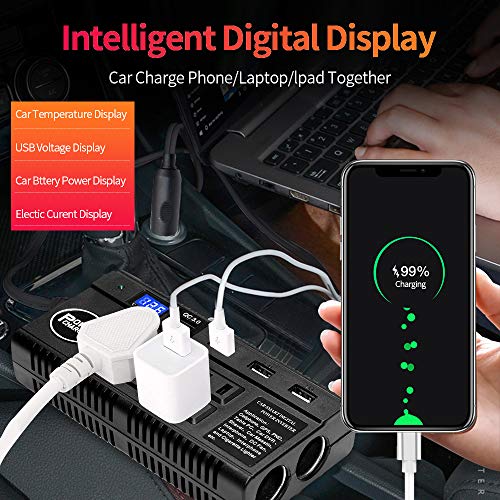 Car Power Inverter 120W 12V 24V Dc To 110V Ac 4 Usb Ports Car Charger Adapter With 3 Ac Outlets Dual Cigarette Lighter Charger + Digital Led Display For Phones Tablets Pc Laptops (120W) #TOP6