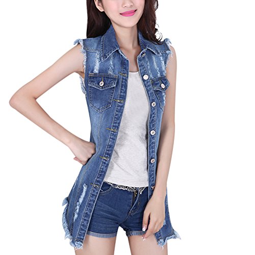 CHICFOR Womens Long Denim Vest Jacket Sleeveless Fashion Casual Slim Jeans Waistcoat (XXL, Dark Blue)
