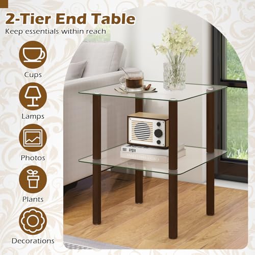Image of Giantex Square End Table, 2-Tier Sofa Side Table with Clear Tempered Glass Top & Shelf, Small Accent Table with Solid Rubber Wood Legs for Living Room Bedroom Home Office (Brown & Clear)