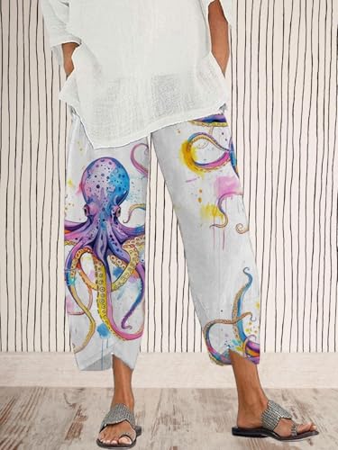 Womens Capris Linen Pants Ocean Japanese Art Printed Baggy Cropped Wide Leg Pallazzo Trousers Fish Pants for Beach3