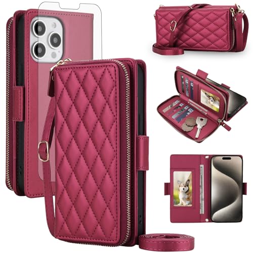 Asuwish Compatible with iPhone 13 Pro 6.1 inch Wallet Case Zipper RFID Blocking Screen Protector Crossbody Lanyard Strap Flip iPhone13Pro 5G i i-Phone i13 iPhone13 13Pro Phone Cover for Women Men Red