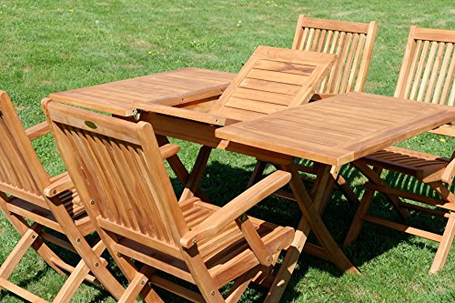 AS-S ASS Teak Set: Gartengarnitur Ausziehtisch 100-140 x 80 cm + 4 Klappsessel mit Armlehne Holz Serie JAV-Aves