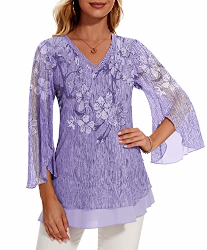 Funlingo Women's 2023 3/4 Sleeve Dressy Tunic Tops Double Layers V Neck Work Blouses Casual Shirts Floral Violet M #TOP4