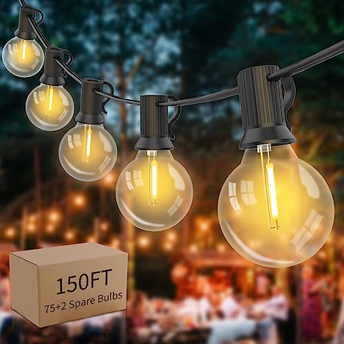 Yuusei Festoon Lights Outdoor 150Ft, LED Outdoor Mains Powered Waterproof Garden Lights with 75+2 Shatterproof Plastic G40 Bulbs, Dimmable Patio String Light for Indoor & Outside