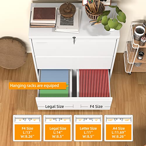 Intergreat File Cabinet With Lock,3 Drawer Lateral Filing Cabinet,Locking White Horizontal Cabinet With Adjustable Frame For Home Office, Metal Steel #TOP3