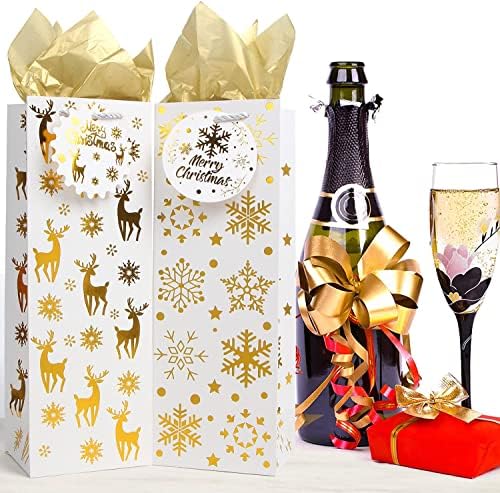 LOKIPA Christmas Wine Gift Bags,12 Pack Gold Foil Paper Wine Bottle Bags with Tissue Paper and Name Tags for Christmas, Wedding,Wine Tasting,Home Party