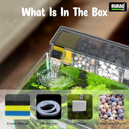 Image of Buraq Multifunctional External Waterfall Aquarium Filter with Bio-Wheel, 3-Stage Filtration, Silent Pump, Fits 1.5 Ft to 2 Ft Fish Tanks (BL - 772 W | 8W | 600 L /HR)
