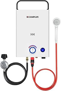 CAMPLUX First F10 Tankless Water Heater with 3-Level Adjustable & Foldable Handle, 2.64GPM, Screw-Free Design, 68,000 BTU Outdoor Portable Propane Water Heater for Camping, LED Digital Display, White