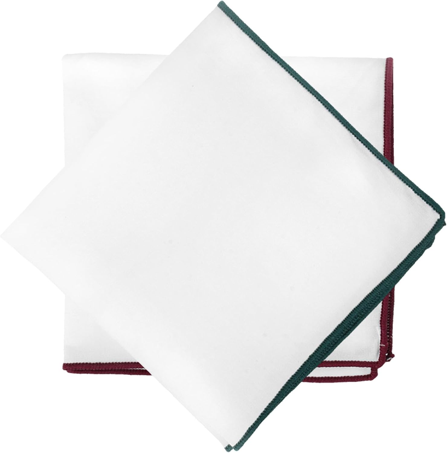 White Pocket Squares for Men Suit 2pcs, Festival Handkerchiefs with Burgundy and Green Borders, Foldable Cotton Blend, Formal Wedding and Business Accessories