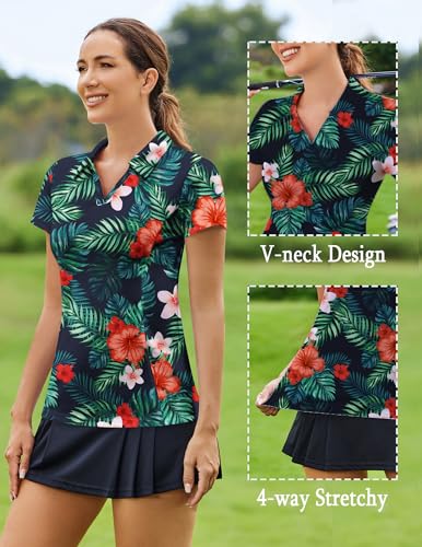 Image of PINSPARK Womens Golf Shirt Short Sleeve Polo V-Neck Quick Dry Tennis Tops | Moisture-wicking Breathable Fabric, Classic Collar, Slim Fit, Ideal for Golf Tennis Pickleball Casual