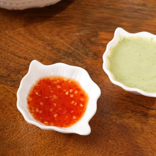 Image of HOME 360 Premium White Ceramic Dip Bowl Set of 3 | Wavy Square Mini Dishes & Condiment Serving Bowls | Elegant Pinch Bowls for Ketchup, Salsa, Chutney & DIps (3, Leaf DIp Bowls)