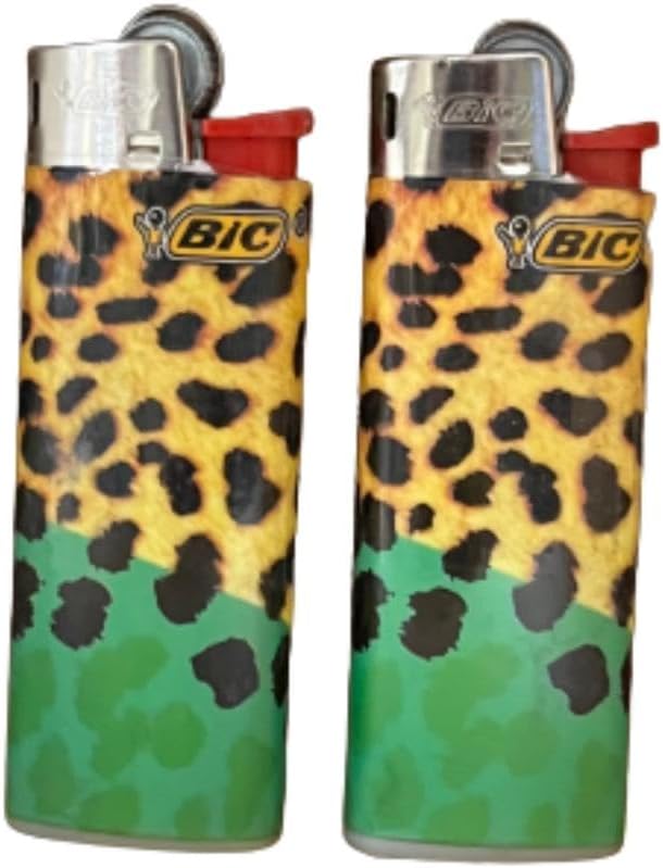 Mini Bic Yellow Green Cheetah Print Design Lighters 2 Pack