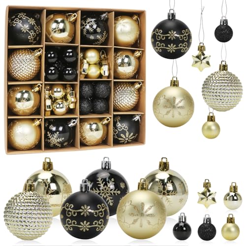 Weihnachtskugeln Schwarz Gold, 44 Stück Christbaumkugeln Kunststoff...