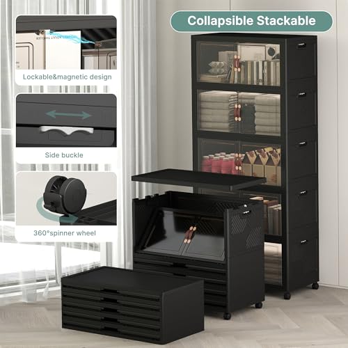 Image of UAMFURI 560QT Lockable Storage Bins with Lids - Stackable Storage Cabinet with Doors and Wheels, Collapsible Plastic Organizer and Containers for Closets, Office, 5 Pack Cubes