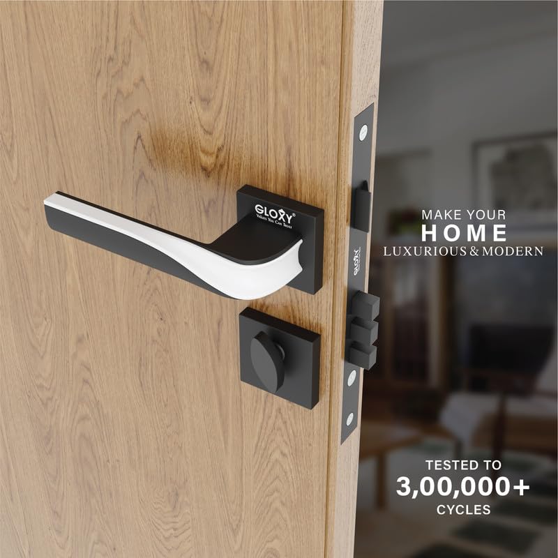 Image of GLOXY Zinc Door Lock for Main Door for Bedroom, Mortise Set, Door Lock Handle Set with 3 Brass Key for Home,Office,Hotel | White & Black Finish (2 Years Warranty, Pack of 1)