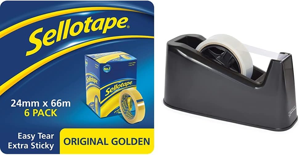 Sellotape Original Golden, Multi-Purpose Clear Tape including Rapesco Heavy Duty Tape Dispenser