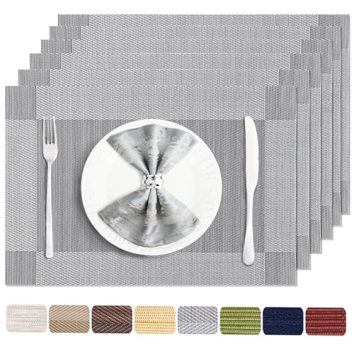 Uolr Placemats Set of 6 Washable&Wipeable Silver Place mats for Dining Table Kitchen Indoor Outdoor Table Mats Heat Resistant Non Slip Woven Vinyl Table Placemats (Grey,6PCS)