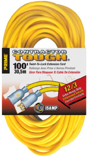 Prime EC730835 100-Foot 12/3 SJTW Twist -to-Lock Contractor Outdoor Extension Cord with Primelight Indicator Light, Yellow