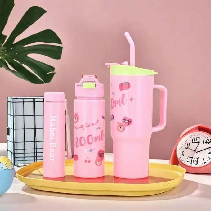 Image of LHOTSE Tumbler Set of 3 with Straw and Handle, Cute Water Bottle for Women and Girls, Water Sipper for Adults, 1200ml 700ml 260ml Bottle Set for School, Office, Travel and Daily Use