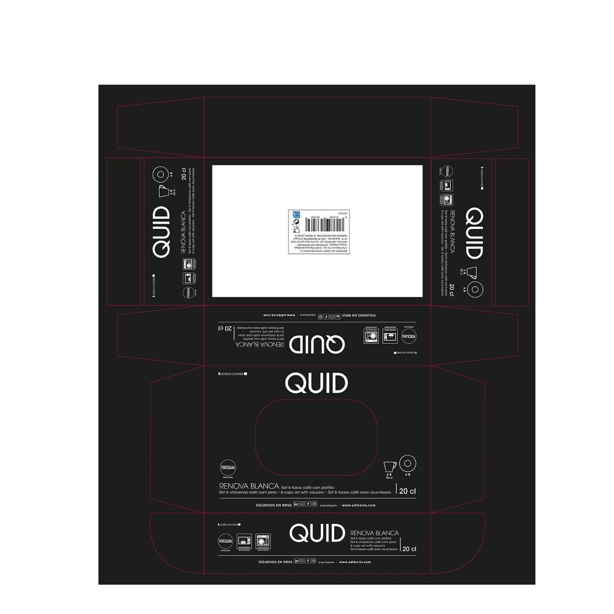 Quid Renova Blanc Lot de 6 Tasses avec Assiette en Porcelaine 20 cl Transparent