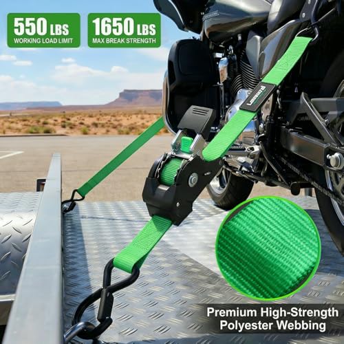 Image of Retractable Ratchet Straps (4-Pack) - 1 Inch x 10 Feet (1,650lb Break Strength) - Heavy Duty Auto Self Retracting Tie Down Straps for Motorcycle, ATV, UTV, Truck, Cargo Trailer - Green