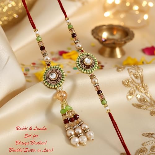 Image of Rakhi for Family,Brother and Bhabhi and Kids- Lumba and Designer n Cartoon Character Ganesh Ji Rakhi Set of 3 for Bhaiya, Sister in Law and Children with Rakshabandhan Greeting Card,Roli Tilak Set