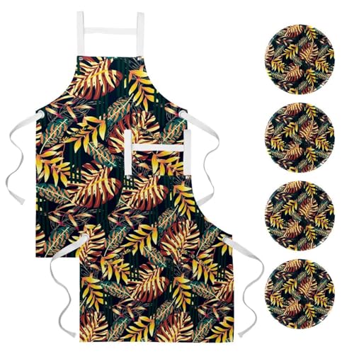 Lot de 2 tabliers de cuisine avec 4 broches à motif feuilles de palmier