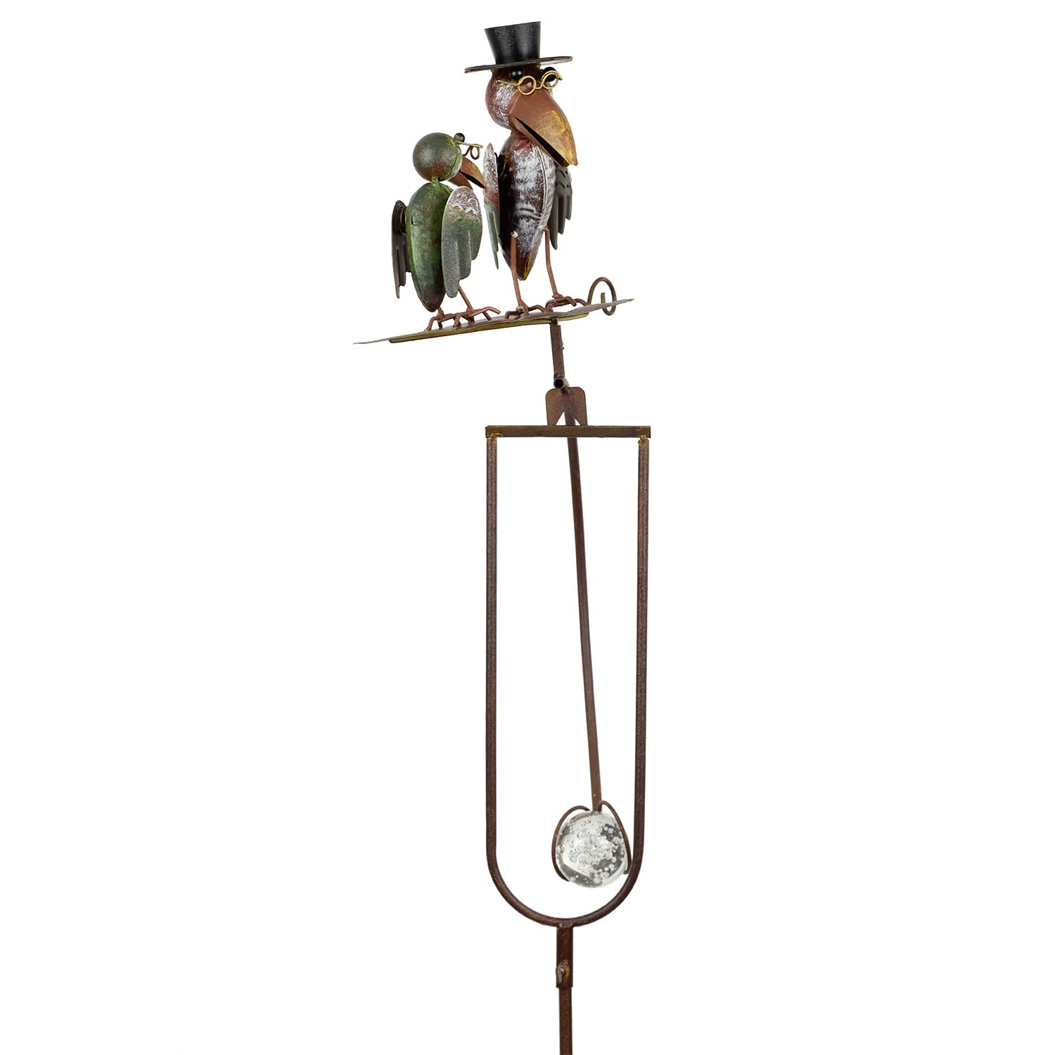Piquet de jardin décoratif en métal - 150 cm de haut - 2 oiseaux amusants avec cylindre et lunettes sur cadre pendulaire - Résistant aux intempéries - Figurine de décoration de jardin mobile avec
