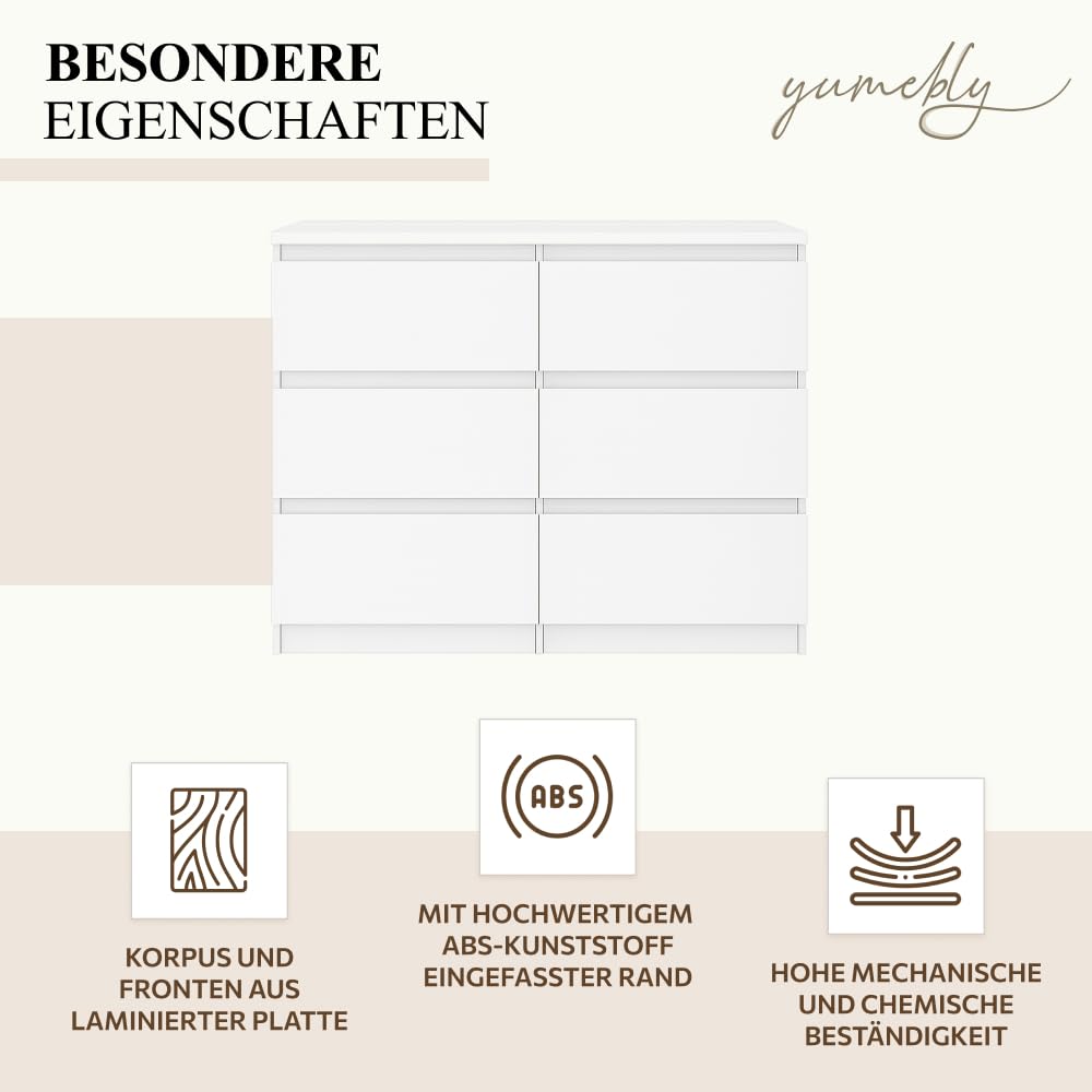 Kommode Basic Weiß mit 6 Schubladen | Viel Stauraum, 100x75x40 cm | Schubladenschrank für Schlafzimmer, Wohnzimmer, Büro oder Kinderzimmer