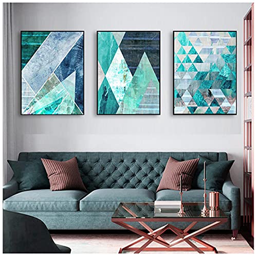 Peinture nordique géométrique turquoise 3 pièces pour habiller un grand mur vide de salon