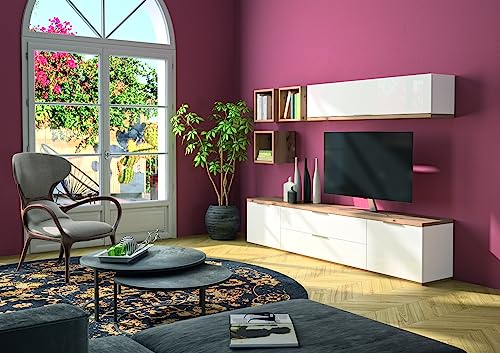 Composad | Salon Complet de la Ligne Mundi, Ensemble de 3 Meubles, armoires murales, Meuble TV, étagères Cube, Salon Moderne, élégant, Blanc laqué et chêne...