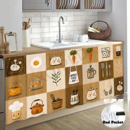 Image of Under Sink & Counter Curtain for Modular Kitchen - Printed Fabric Rod Pocket Hanging Skirt, Washable Under-Counter Cover, Pack of 2 Panels (Each Panel: 150 x 70 cm) (Coffee Kitli)