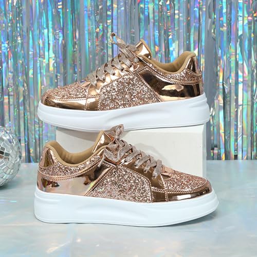 Platform Sneakers for Women, Bling Sequin Women's Fashion Sneakers Glitter Shoes Lace Up Sparkly Sneakers Shiny Casual Shoes for Women, Mens Glitter Sneakers Boys Tennis Shoes(Size:4,Color:Rose Gold)2