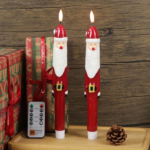 Image of Christmas Flameless Taper Candles, LED Flameless Candlesticks with Remote Timer, 2 Pcs Christmas Santa LED Taper Candles with 3D Flame, Christmas Decorations for Home Decor(0.79 inch x 11.4 inch)