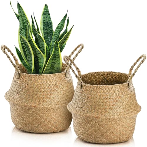 Yesland 2 Pack Woven Seagrass Plant Basket with Handles, Ideal Wicker Baskets Storage Plant Pot...