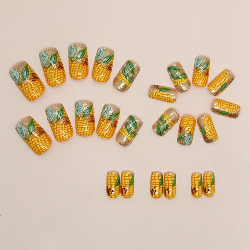 Miniatura 5 de Uñas postizas cuadradas a presión, uñas postizas cortas con purpurina dorada, uñas acrílicas de longitud media con diseño de patrón de maíz, uñas