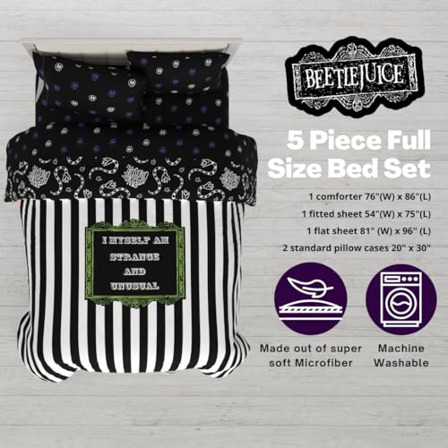 Image of Franco Collectibles Beetlejuice Halloween Striped Bedding 5 Piece Super Soft Reversible Comforter and Sheet Set, Full, (Officially Licensed Product)