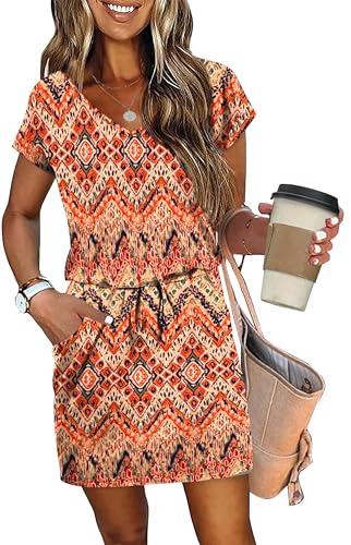 Image of OFEEFAN Summer Dresses for Women 2026 V Neck T Shirt Casual Mini Dresses Tie Waist Sundresses with Pockets