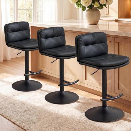 DRMBOOK Taburetes de Bar de Doble Capa, Tapizados Modernos para Barra de Altura Ajustable, Giratorios con Reposapiés, Sillas Altas para Isla de Cocina (Cuero PU Negro, Set de 3) miniatura 1