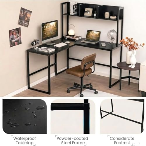 Image of Office Study Table Reversible L Shaped Corner Workstation Table for Home with Hutch Computer Desk with Storage Shelves & Bookshelf Black 140x50x150 CM