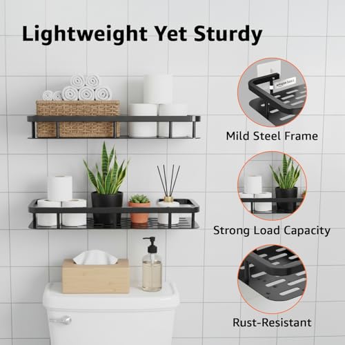 Image of Amazon Basics Wall Mounted Bath Rack - Self adhesive | Mild Steel Bathroom Organizer Shelf for Shampoo, Soap & Accessories | Rust-Resistant, Lightweight & Easy to Maintain - 30.1 x 13 x 4 cm, Pack of 2, Black