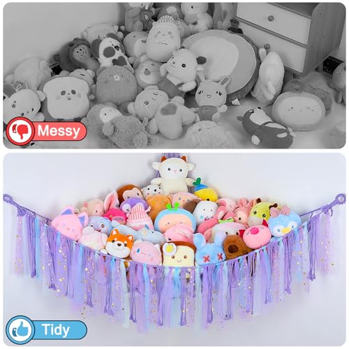 Image of FIOBEE Stuffed Animals Net LED Light Toy Hammock for Kids Bedroom Storage | Stuffed Animals Storage Organizer, Girls Room Decor, Teddy Bear Holder, Space Saving, for Kids Nursery Bedroom Playroom