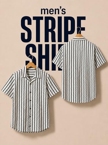Image of Men's Striped Shirt, Short Sleeve, Slim Fit, Cotton Blend, Button Down Collar, Casual Wear