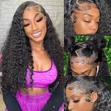 Bling Hair 13x6 Deep Wave Lace Front Wigs Human Hair 180% Density Glueless Wigs Pre Plucked Lace Frontal Wigs Human Hair HD Lace Frontal Wigs Natural Hairline Curly Wigs for Women 16 Inch Black Color